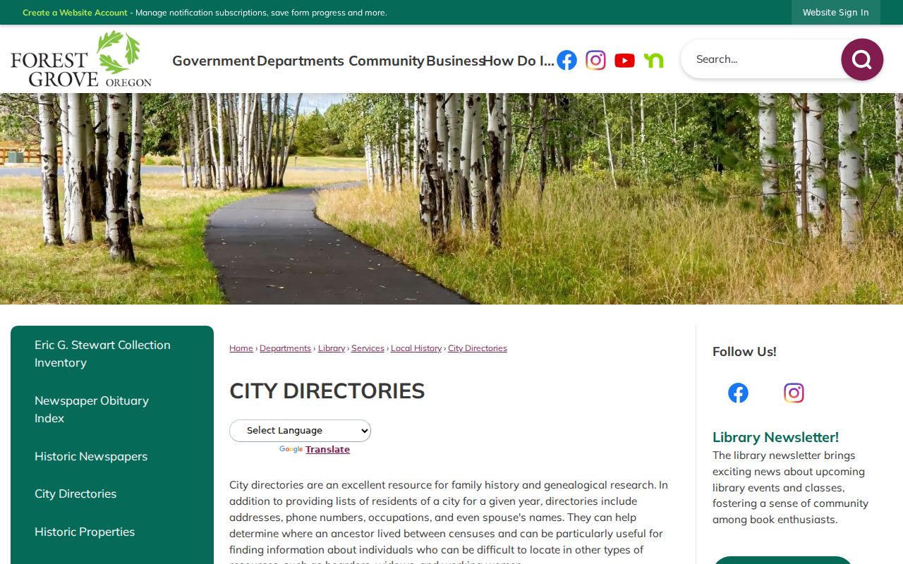 Forest Grove city directory library collection page