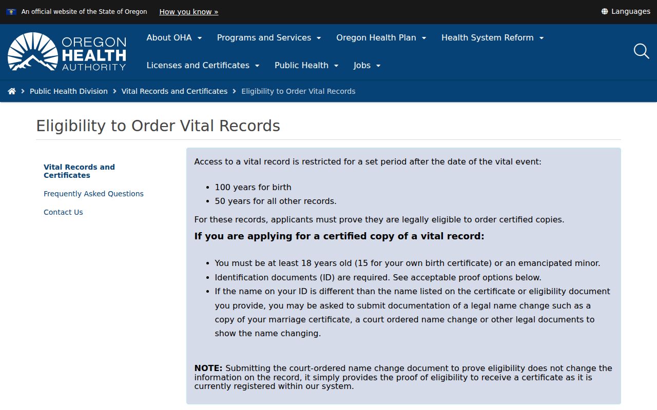Forest Grove residents directory Oregon vital-record eligibility information