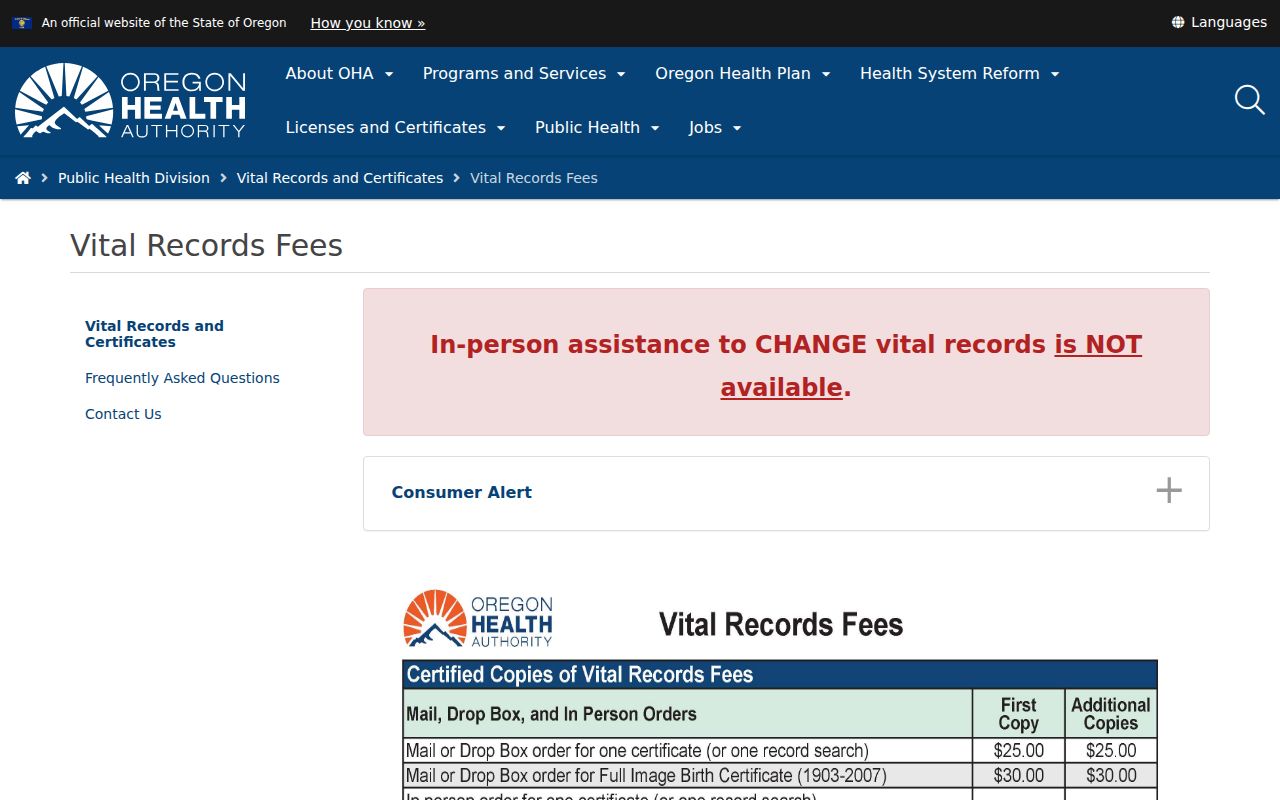 Forest Grove resident lookup Oregon vital records fee channels